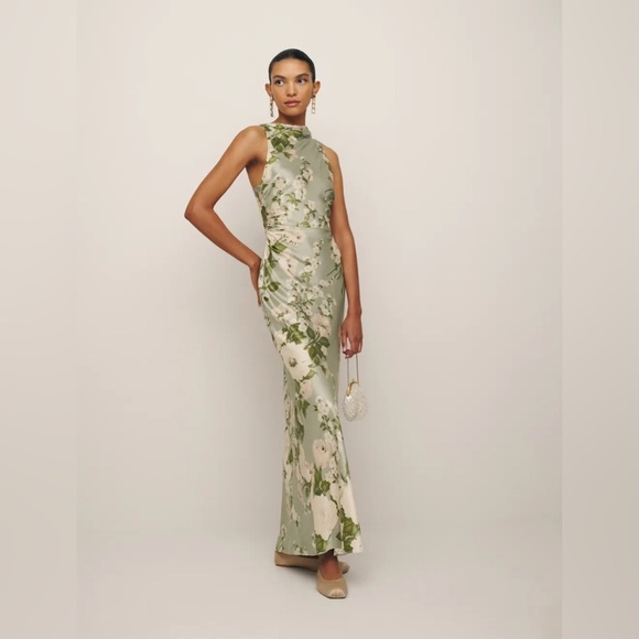 NEW Reformation Anaiis Long Silk Dress Tarragon Green Floral | size 4 - Picture 2 of 14